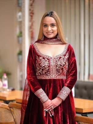 Maroon Festival Wear Sequence Velvet Palazzo Suits