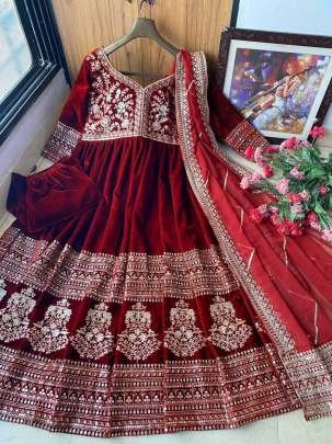 Maroon Festival Wear Sequence Velvet Palazzo Suits