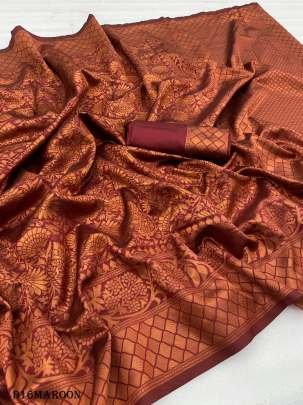 Maroon Gorgeous Zari Work Bnarasi Soft Silk Saree with Blouse