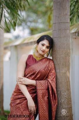 Maroon Gorgeous Zari Work Bnarasi Soft Silk Saree with Blouse
