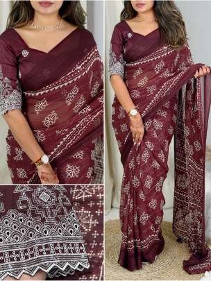 Maroon Jacquard Zari Silk Embroidery Work Saree