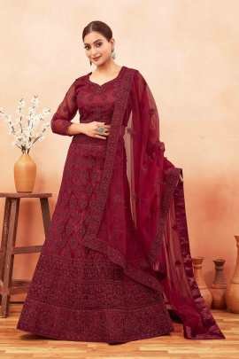 Maroon Net Semi Stitched Lehenga choli
