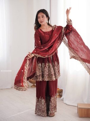 Maroon Palazzo Suit Set With Embroidered Dupatta