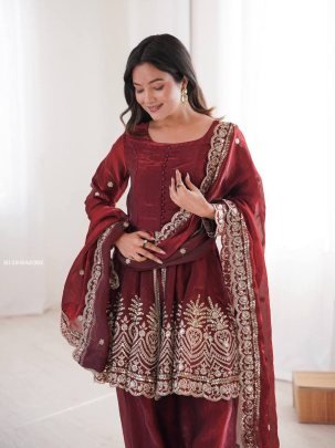 Maroon Palazzo Suit Set With Embroidered Dupatta
