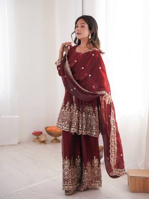 Maroon Palazzo Suit Set With Embroidered Dupatta