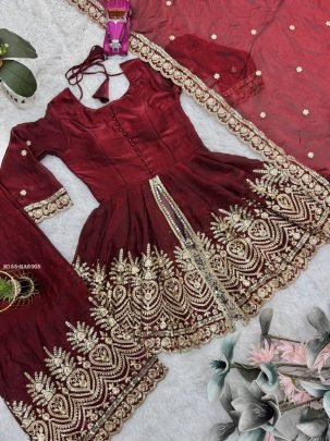 Maroon Palazzo Suit Set With Embroidered Dupatta