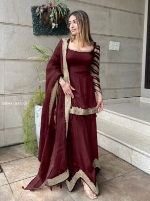 Maroon Party Wear Look Sharara Palazzo Suit With Heavy Embroidery