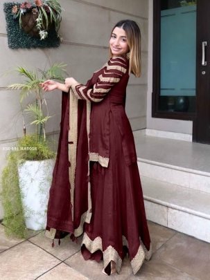 Maroon Party Wear Look Sharara Palazzo Suit With Heavy Embroidery