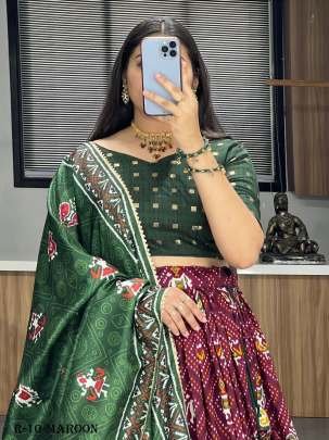 Maroon Patola And Bandhani Print Tussar Silk Lehenga Choli With Green Blouse