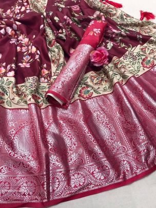 Maroon Printed Pure Soft Tussar Satin Silk Saree With Tassels