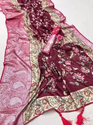 Maroon Printed Pure Soft Tussar Satin Silk Saree With Tassels