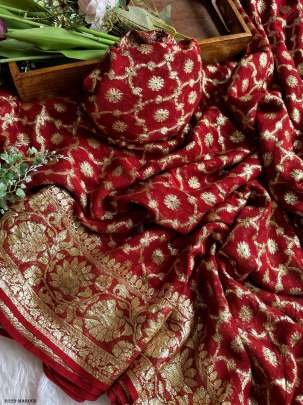 Maroon Pure Viscose Georgette Banarasi Saree With 1 Mtr Jari Work Blouse