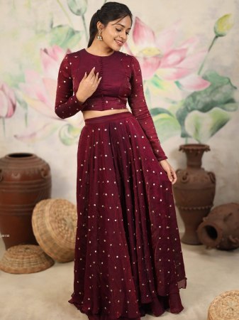 Maroon Rangoli Crush Lehenga Set with Embroidered Blouse And Dupatta
