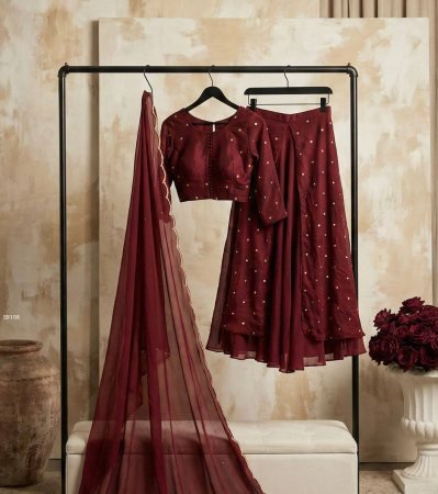 Maroon Rangoli Crush Lehenga Set with Embroidered Blouse And Dupatta