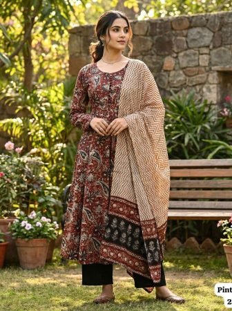 Maroon Ready To Wear Kurti Pant Set For Summer Wear