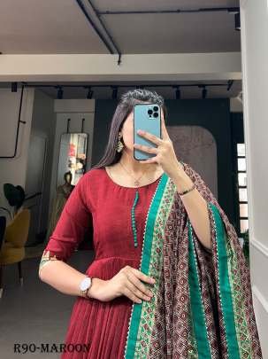 Maroon Readymade Foil Printed Tussar Silk Gown With Dupatta