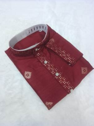 Maroon Silk Kurta And Pyjama With Sequence Embroidery Work