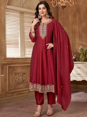 Maroon Vichitra Silk  Embroidered Anarkali Suit Set