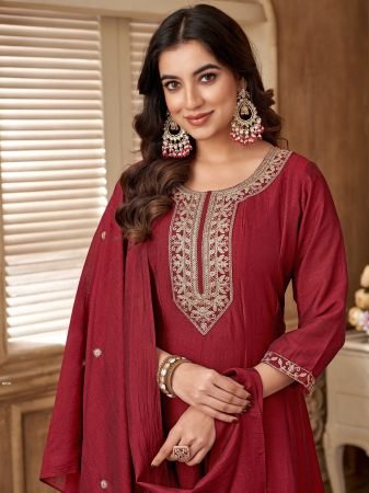 Maroon Vichitra Silk  Embroidered Anarkali Suit Set