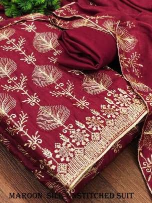 Maroon Vichitra Silk Unstitched Salwar Suit Set