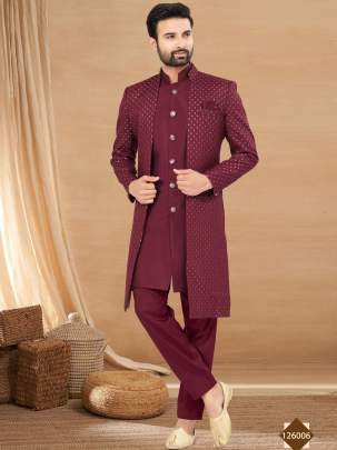 Maroon Wedding Wear Indo Western Set With Mirror  Thread   Sequence Work