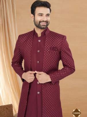 Maroon Wedding Wear Indo Western Set With Mirror  Thread   Sequence Work