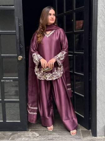 Mauve Silk Embroidered Kurti With Farsi Pant Set with Dupatta