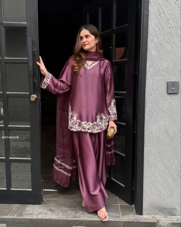 Mauve Silk Embroidered Kurti With Farsi Pant Set with Dupatta