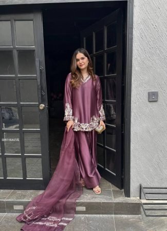 Mauve Silk Embroidered Kurti With Farsi Pant Set with Dupatta