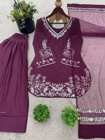 Mauve Silk Embroidered Kurti With Farsi Pant Set with Dupatta