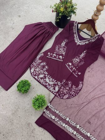 Mauve Silk Embroidered Kurti With Farsi Pant Set with Dupatta