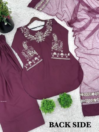 Mauve Silk Embroidered Kurti With Farsi Pant Set with Dupatta