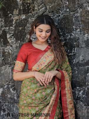 Mehendi Beautiful Wedding Foil Printed Dola Silk Saree With One Meter Blouse