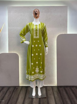 Mehendi Color Embrace Style with Rayon Flair Top and Cotton Thread Embroidered Palazzo Set