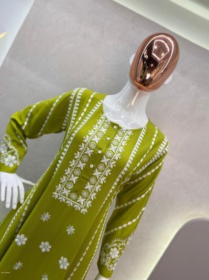 Mehendi Color Embrace Style with Rayon Flair Top and Cotton Thread Embroidered Palazzo Set