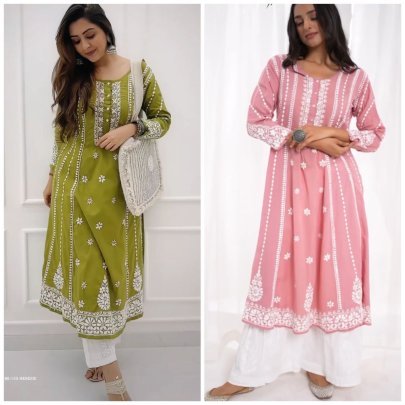 Mehendi Color Embrace Style with Rayon Flair Top and Cotton Thread Embroidered Palazzo Set