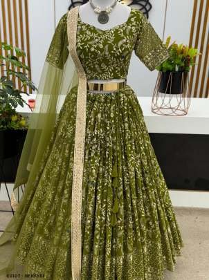 Mehendi Colour Georgette Wedding Lehenga Choli With Dupatta