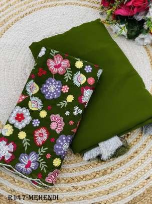 Mehendi Faux Georgette Saree With 3D Embroidered Blouse