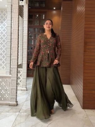 Mehendi faux Georgette Western Koti With Palazo