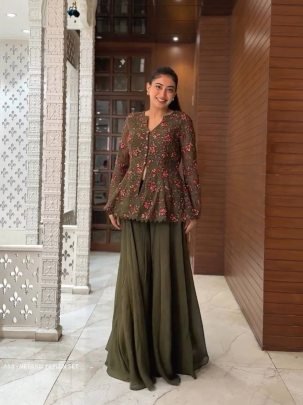 Mehendi faux Georgette Western Koti With Palazo