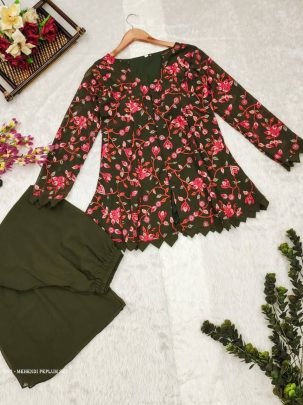 Mehendi faux Georgette Western Koti With Palazo