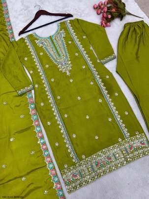 Mehendi Fully Stitched Pure Chinon Silk Embroidered Top Bottom Dupatta Set