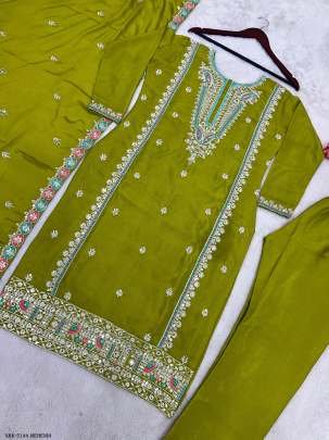 Mehendi Fully Stitched Pure Chinon Silk Embroidered Top Bottom Dupatta Set