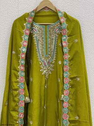 Mehendi Fully Stitched Pure Chinon Silk Embroidered Top Bottom Dupatta Set