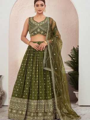 Mehendi Green Jacquard Dola Silk Lehenga Choli Set