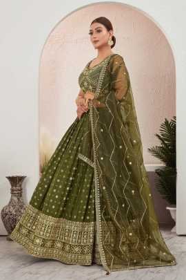 Mehendi Green Jacquard Dola Silk Lehenga Choli Set