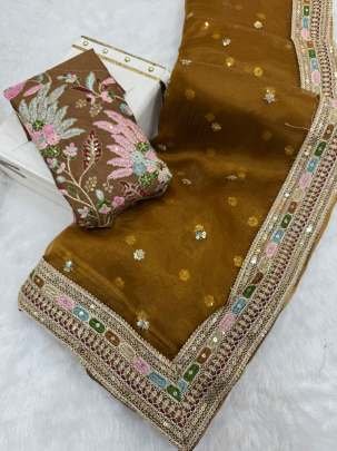 Mehendi Pure Organza Silk Embroidery Work Saree