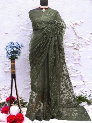 Mehendi Sonalika Embroidered Pure Soft Net Saree