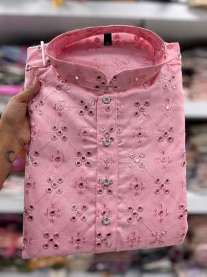 Men Baby Pink Mirror Work Cotton Kurta Pajama Set