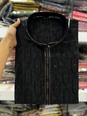 Men Black Function Wear Silk Kurta With Cotton Pajama